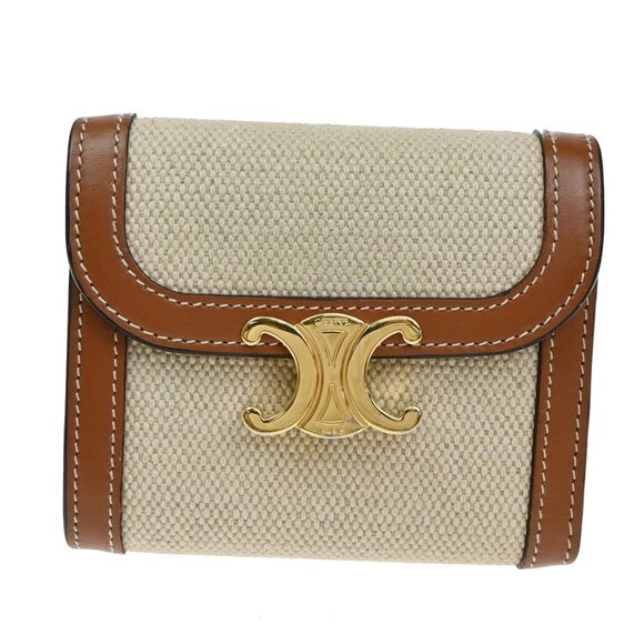 CELINE Triomphe Small Trifold Wallet Purse Canvas Leather Brown BE GHW 87RL411 - Picture 1 of 12